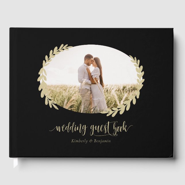 Elegant Black and Gold Wreath Wedding Photo Guest Book (Front)