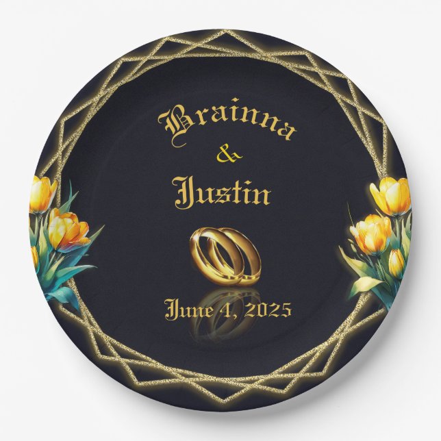 Elegant black and Gold Yellow Tulips Paper Plate (Front)