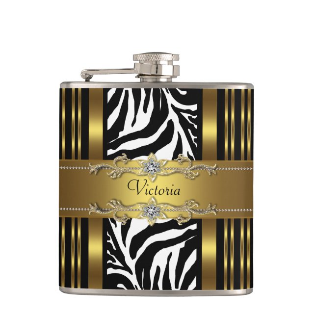 Elegant Black and Gold Zebra Hip Flask (Front)