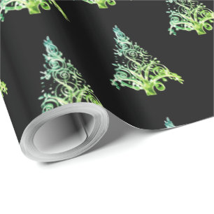 Elegant Black and Green Christmas Tree Pattern Wrapping Paper