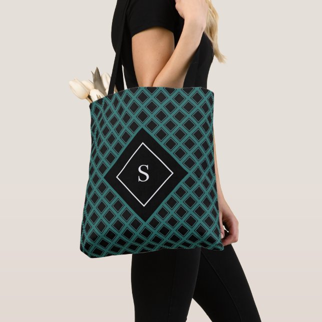 Elegant black and green geometric with monogram tote bag (Close Up)