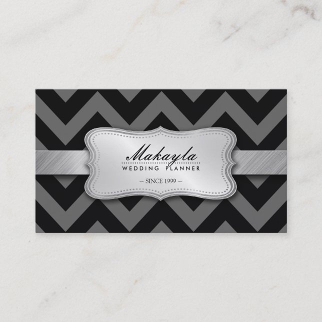 Elegant Black and Grey Chevron Pattern Business Card (Front)