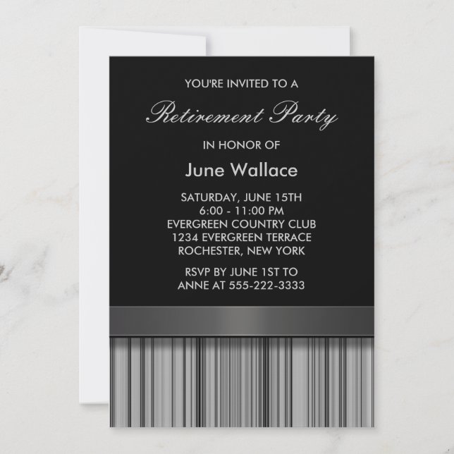Elegant Black and Grey Stripe Retirement Party Invitation (Front)