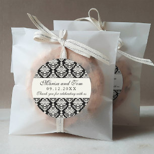 Elegant Black and Ivory Damask Wedding Monogram Classic Round Sticker