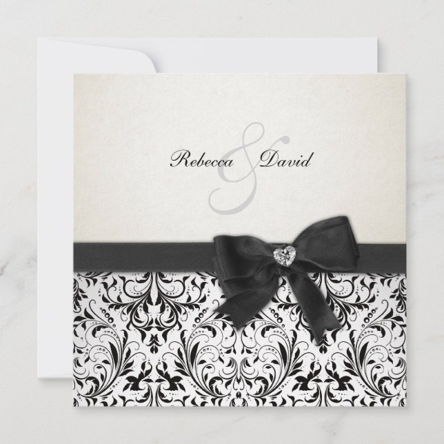 Elegant Black and Ivory Damask with diamond bow Invitation (Front)