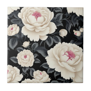 Elegant Black And Ivory Floral Ceramic Tile