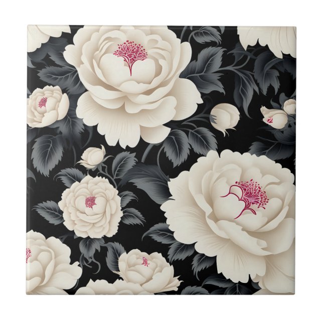 Elegant Black And Ivory Floral Ceramic Tile (Front)