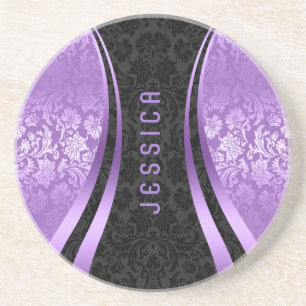 Elegant Black And Lavender Floral Damasks Coaster