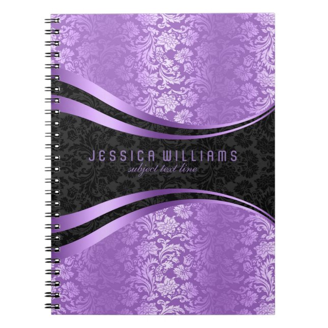 Elegant Black And Lavender Floral Damasks Pattern Notebook (Front)