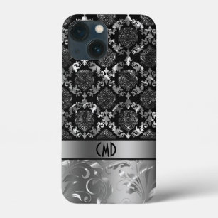 Elegant Black And Metallic Silver Damasks & Lace iPhone 13 Mini Case