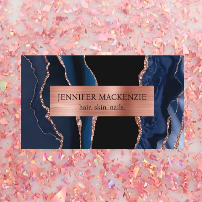 Elegant Black and Navy Blue Rose Gold Agate Luxury Business Card (Creator Uploaded)