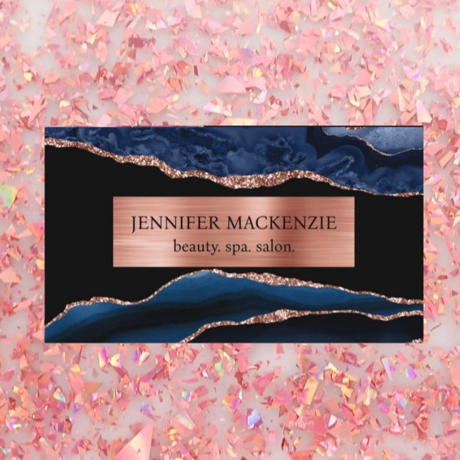 Elegant Black and Navy Blue Rose Gold Agate Luxury Business Card (Creator Uploaded)