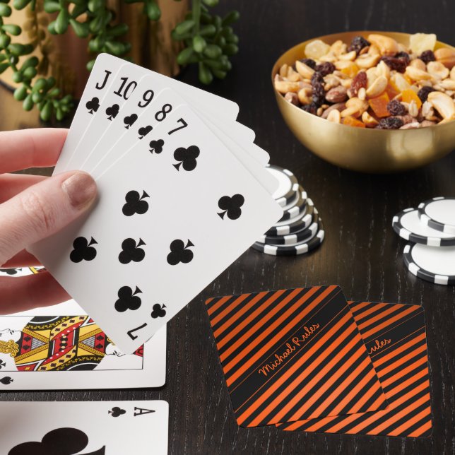 Elegant Black and Orange Diagonal Stripes Name Playing Cards (In Situ)