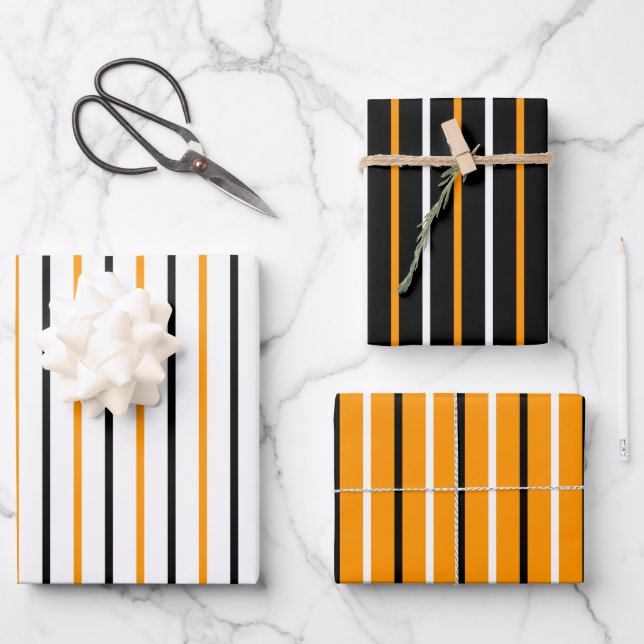 Elegant Black And Orange Stripes Pattern Wrapping Paper Sheet (Front)