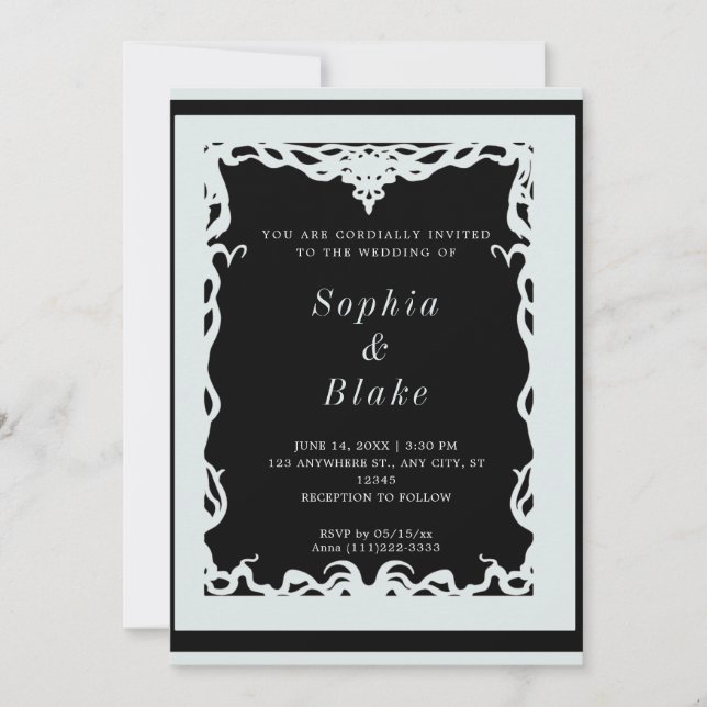 Elegant Black and Pale Green Art Deco Wedding Invitation (Front)