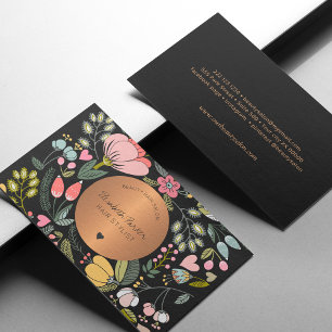 Elegant black and pastel pink floral beauty salon business card