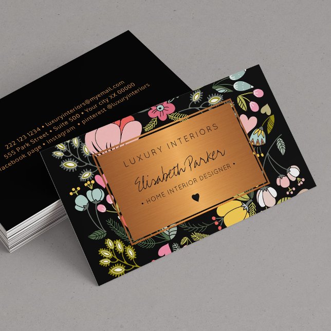 Elegant black and pastel pink floral home interior business card (Creator Uploaded)
