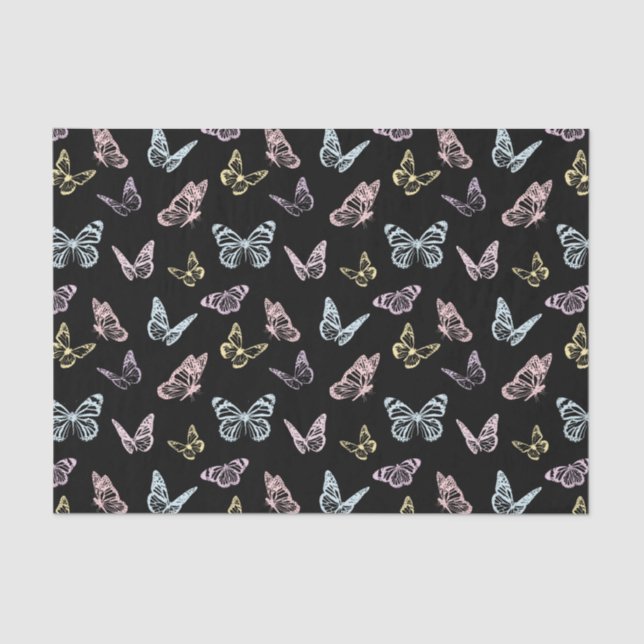 Elegant Black and Pastel Rainbow Butterfly Pattern Tissue Paper (Front)