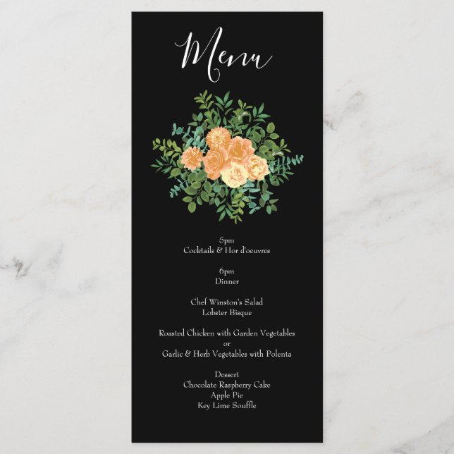 Elegant Black and Peach Rose Wedding Menu (Front)