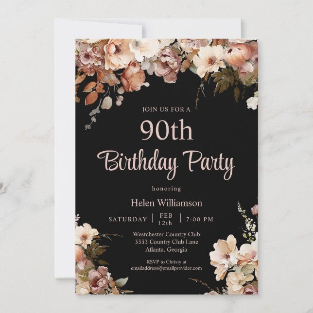 Elegant Black and Pink Floral 90th Birthday Invitation (Front)