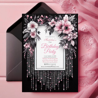 Elegant Black and Pink Floral Birthday Invitation