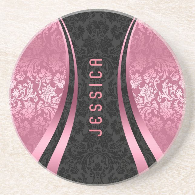 Elegant Black And Pink Floral Damasks Coaster (Front)