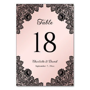 Elegant Black and Pink Floral Lace Wedding Table Number