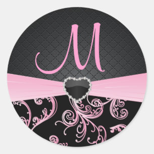 Elegant Black and Pink Floral Pattern Classic Round Sticker