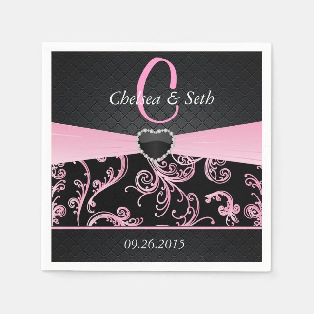 Elegant Black and Pink Floral Pattern Napkin (Front)