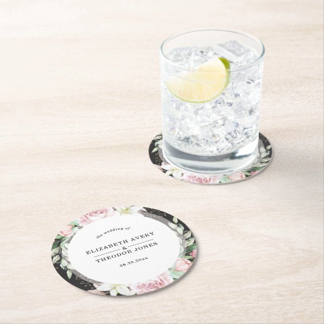 Elegant Black and Pink Floral Wedding Round Paper Coaster (Insitu)