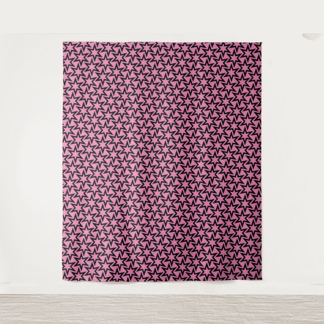 Elegant Black and Pink Geometric Star Pattern Tapestry (Front)