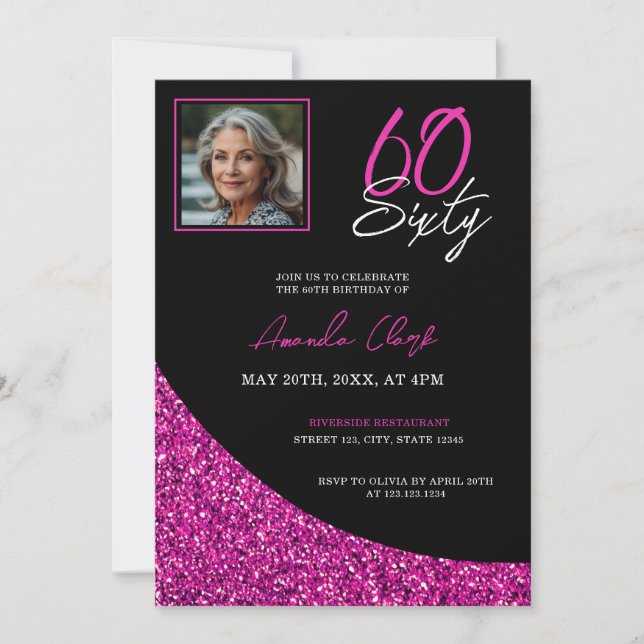 Elegant Black and Pink Glitter 60th Birthday Invitation (Front)