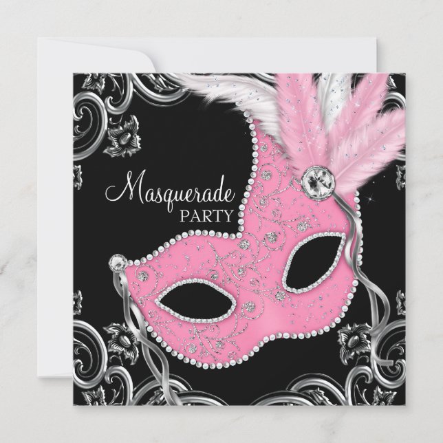 Elegant Black and Pink Masquerade Party Invitation (Front)