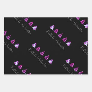 Elegant black and pink Merry Christmas trees Wrapping Paper Sheet