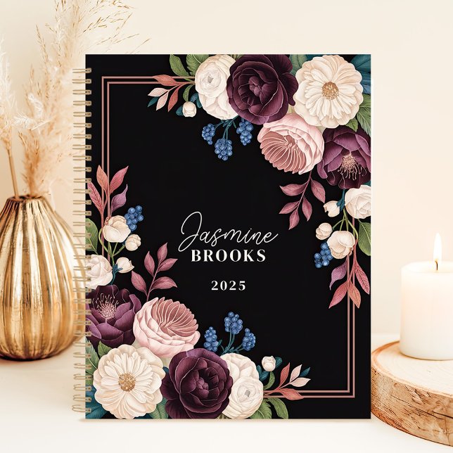 Elegant Black and Plum Floral Custom Name Planner (Creator Uploaded)
