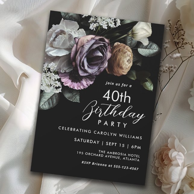 Elegant Black and Purple Floral 40th Birthday Invitation (Available in both printed and instant download digital formats.)