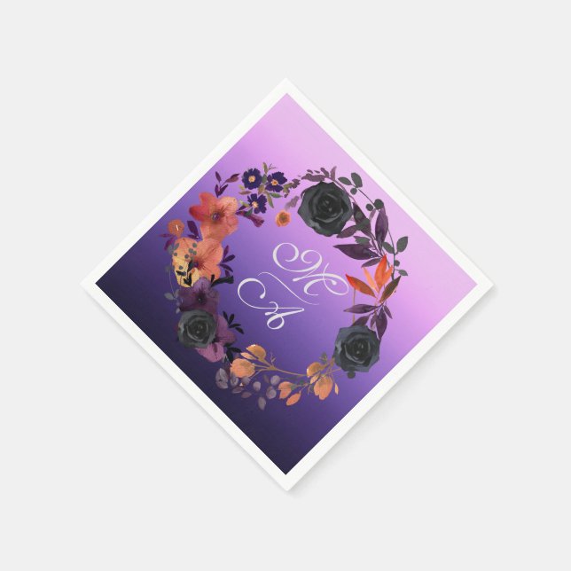 Elegant Black and Purple Floral Monogram Wedding Napkin (Corner)