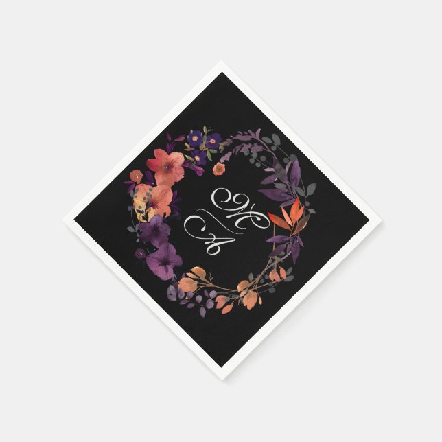 Elegant Black and Purple Floral Wedding Favour Napkin (Corner)