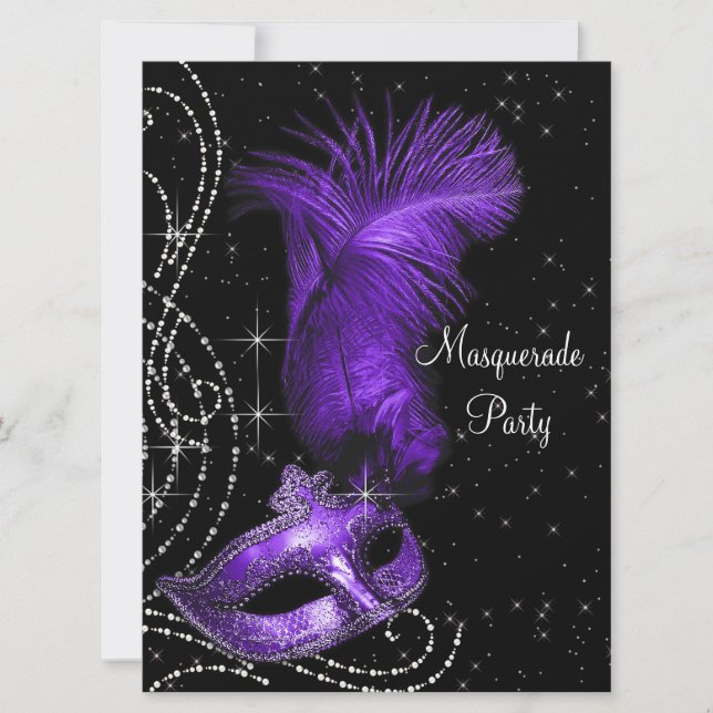 Elegant Black and Purple Masquerade Party Invitation (Front)