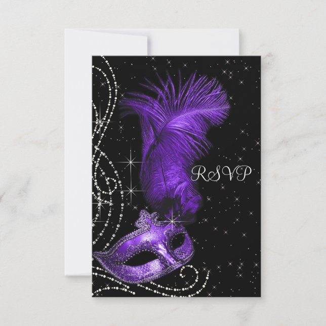 Elegant Black and Purple Masquerade Party RSVP (Front)