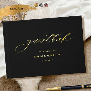 Elegant Black and Real Foil Calligraphy Wedding Guest Book