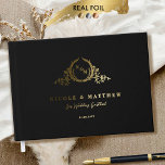 Elegant Black and Real Foil Monogram Wedding Guest Book<br><div class="desc">Personalise this elegant monogrammed wedding guestbook featuring real gold, silver, or rose gold foil on exquisite monogram and front, spine, and back text. Luxurious velvet soft textured black background colour, and beautiful modern calligraphy details in a clean, minimal, and sleek style. Three size options with three inside paper-type choices. Personalise...</div>