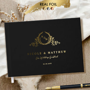 Elegant Black and Real Foil Monogram Wedding Guest Book
