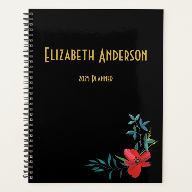 Elegant Black and Red Floral 2021 Planner (Front)