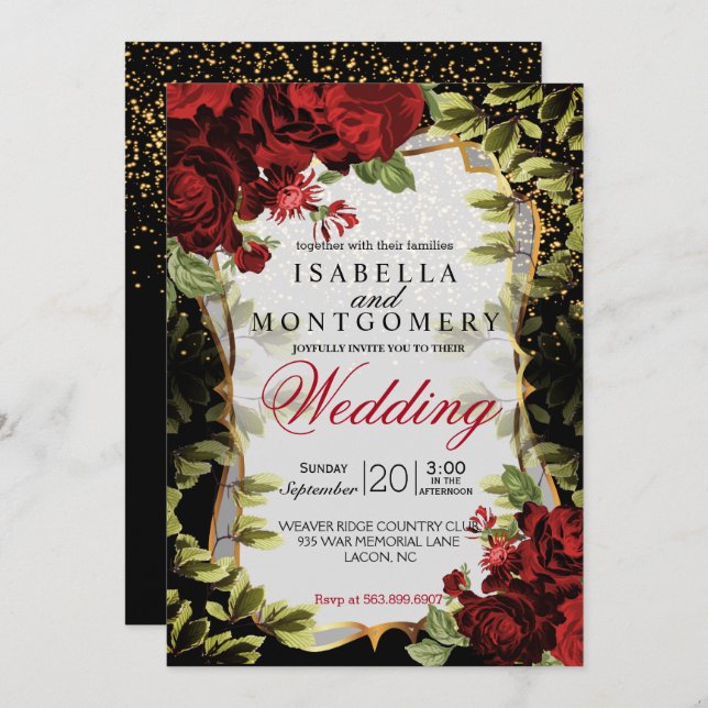 Elegant Black and Red Floral Wedding Invitation (Front/Back)