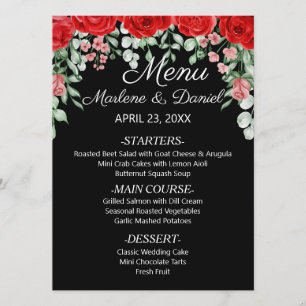 Elegant Black And Red Floral Wedding  Menu