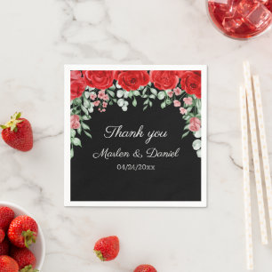 Elegant Black And Red Floral Wedding  Napkin