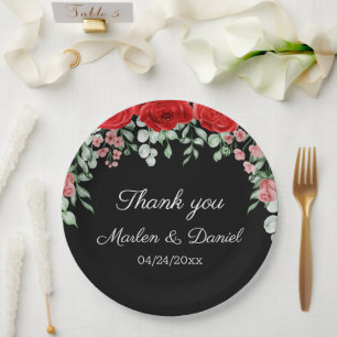 Elegant Black And Red Floral Wedding  Paper Plate