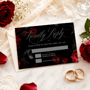 Elegant Black and Red Floral Wedding RSVP Card