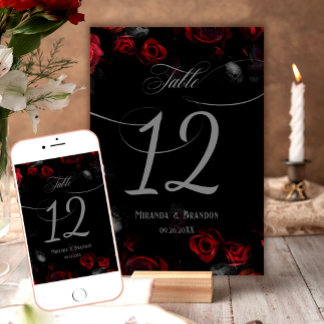 Elegant Black and Red Floral Wedding Table Number